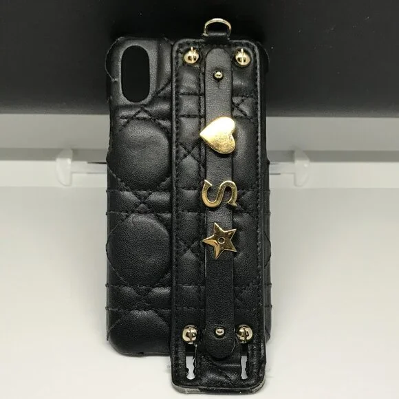 Christian Dior Cannage Black Leather iPhone X XS Cellphone Case /1D2386